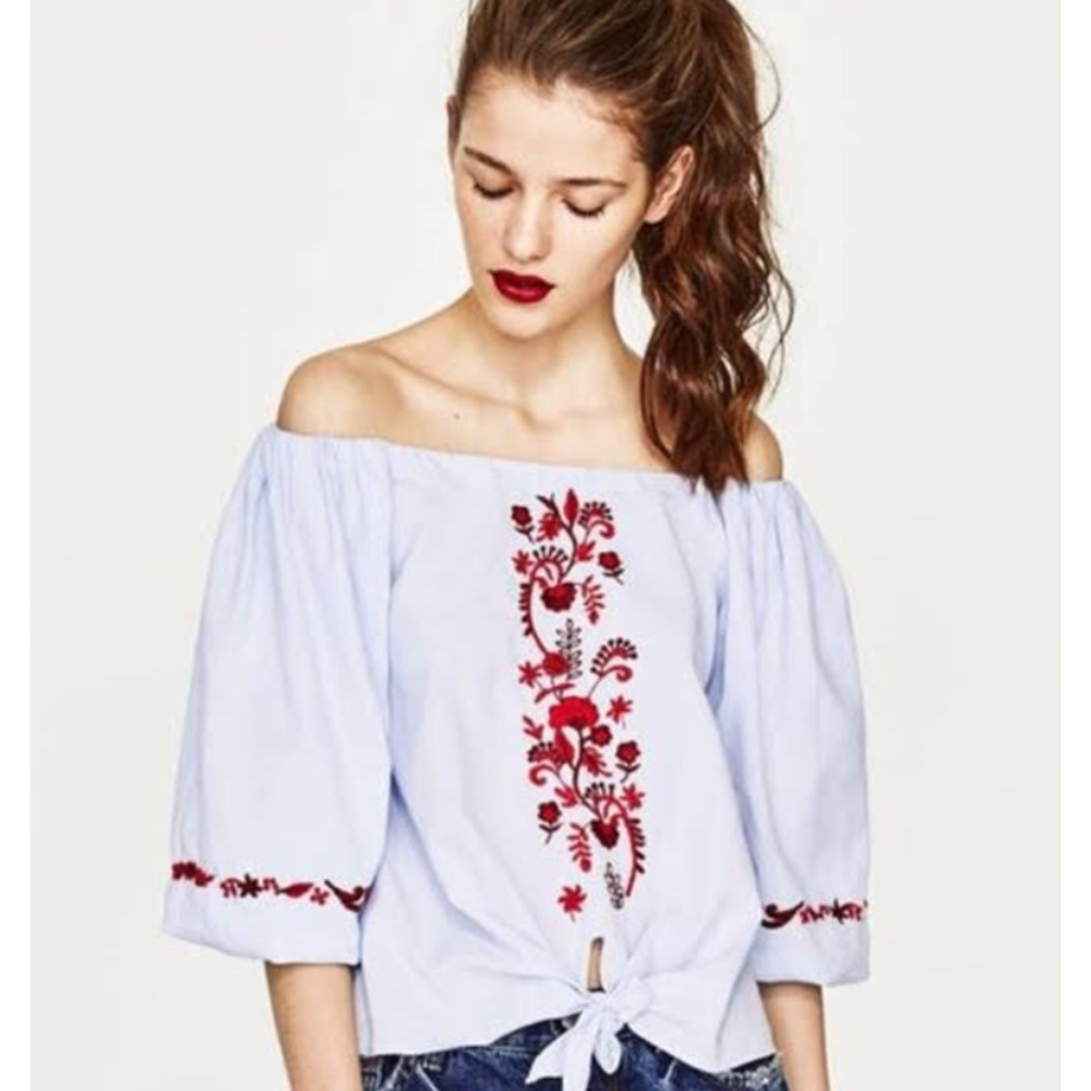 ZARA Boho Floral Embroidered Sky Blue Off-Shoulder Puff Sleeve Blouse